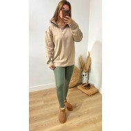 Yarım Fermuarlı Şardonlu Bej Sweat