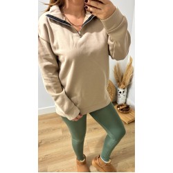 Yarım Fermuarlı Şardonlu Bej Sweat