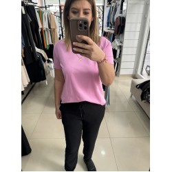 Bisiklet Yaka Arkası Uzun Tshirt Pembe