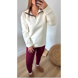 Yarım Fermuarlı Şardonlu Beyaz Sweat