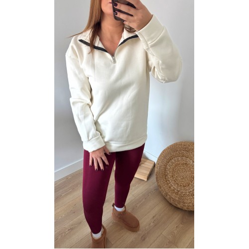 Yarım Fermuarlı Şardonlu Beyaz Sweat Yarım Fermuarlı Şardonlu Beyaz Sweat