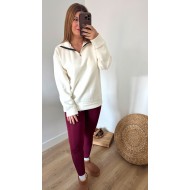 Yarım Fermuarlı Şardonlu Beyaz Sweat