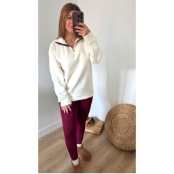 Yarım Fermuarlı Şardonlu Beyaz Sweat