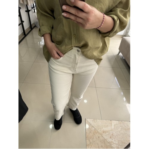 Ekru Renk Kesik Paça Kot Pantolon Ekru Renk Kesik Paça Kot Pantolon