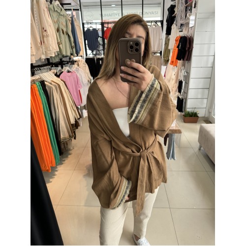 Şerit Detaylı Kimono Kahve Şerit Detaylı Kimono Kahve