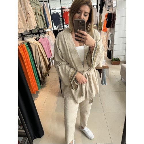 Şerit Detaylı Kimono Krem Şerit Detaylı Kimono Krem